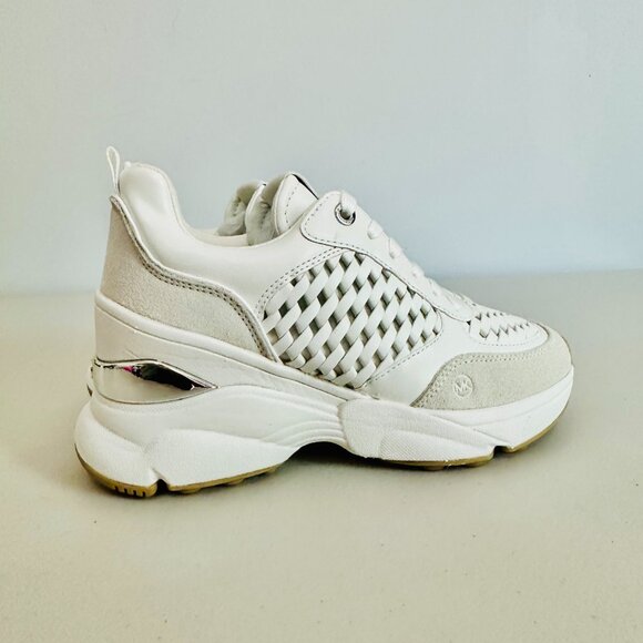 NEW IN BOX MICHAEL KORS KATRINA WEDGE TRAINER WOVEN OPTIC WHITE SNEAKERS - Picture 3 of 10